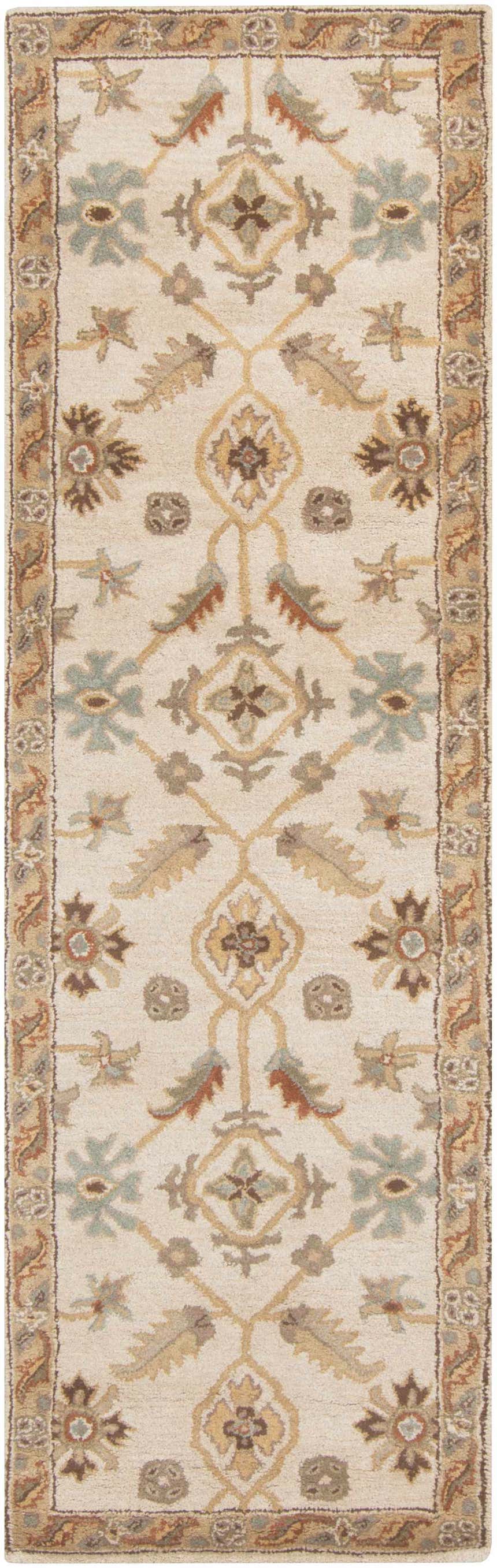 Detailed Postelle Wool Rug runner with a traditional floral pattern in brown, sage, and tan. Design-Runner-268