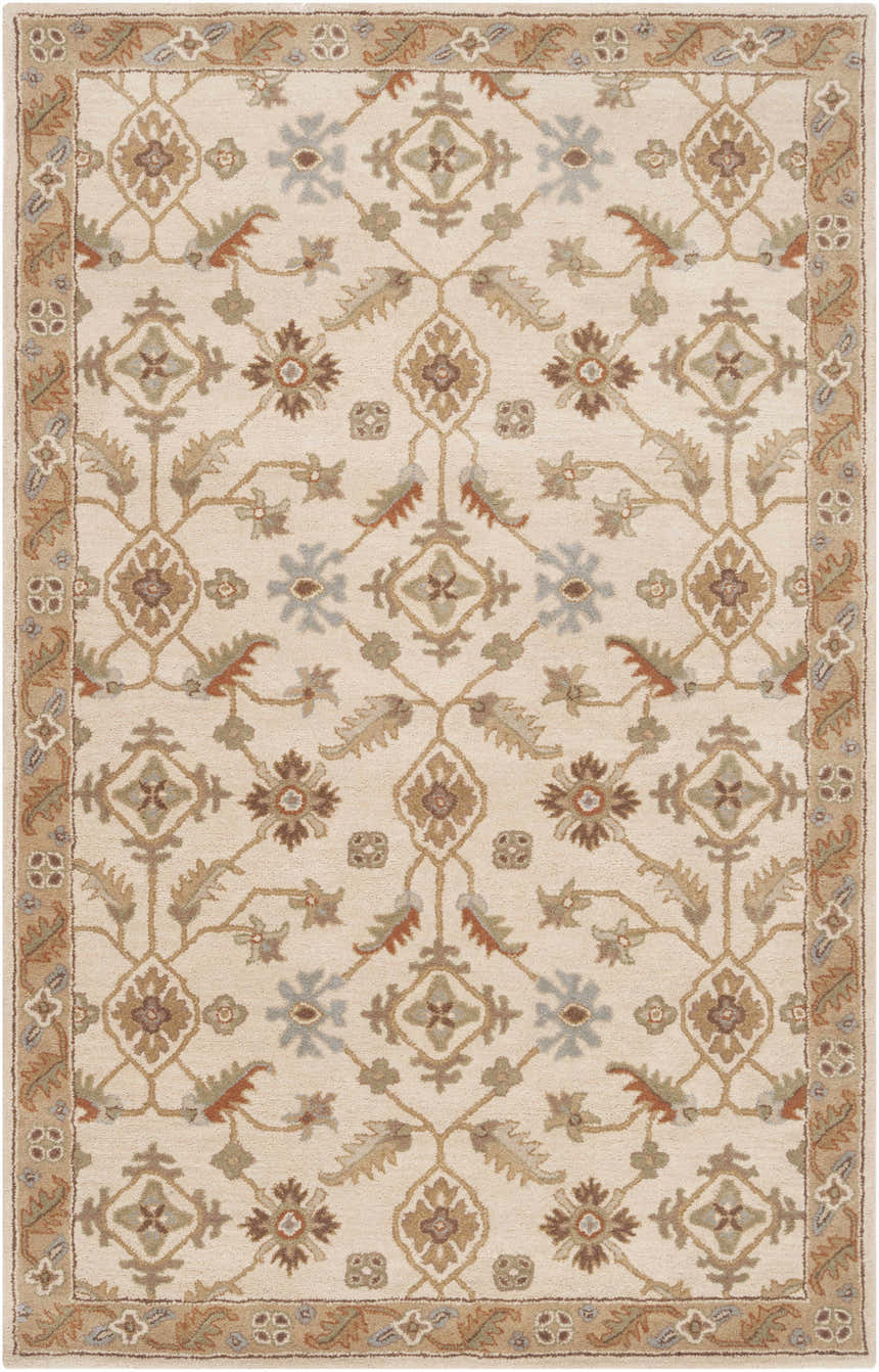 Detailed Postelle Wool Rug with brown, sage, and tan floral and geometric design. Hand-tufted, traditional style. Design-Rectangle-58