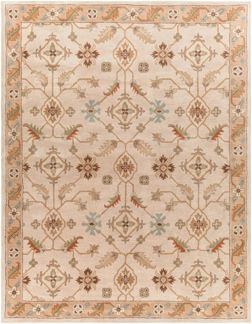 Detailed Postelle Wool Rug in tan with brown, sage, and red floral and geometric pattern. Hand-tufted texture. Design-Rectangle-7696