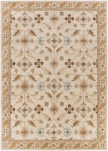 Detailed view of the Postelle Wool Rug. Neutral tones, floral and geometric pattern, hand-tufted texture. Bohemian style. Design-Rectangle-811