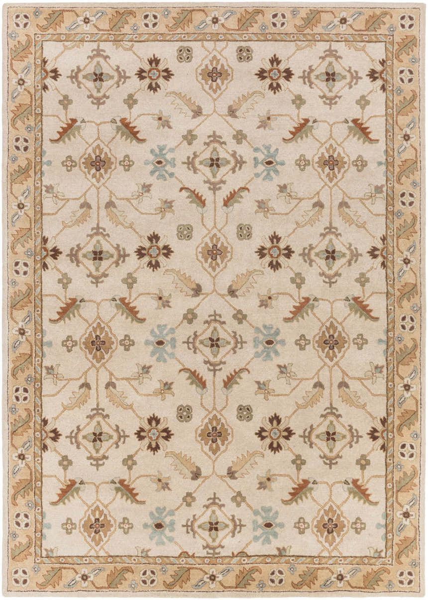 Detailed view of the Postelle Wool Rug. Neutral tones, floral and geometric pattern, hand-tufted texture. Bohemian style. Design-Rectangle-811