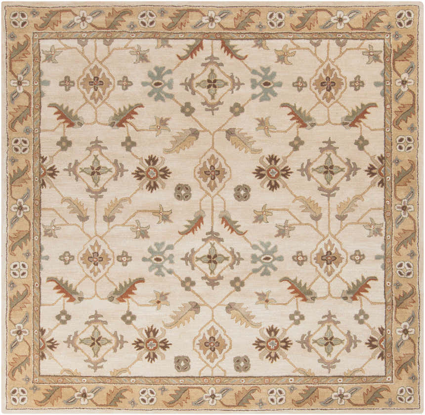 Detailed square Postelle Wool Rug with a traditional floral and leaf pattern in tan, brown, sage, and red. Design-Square-8