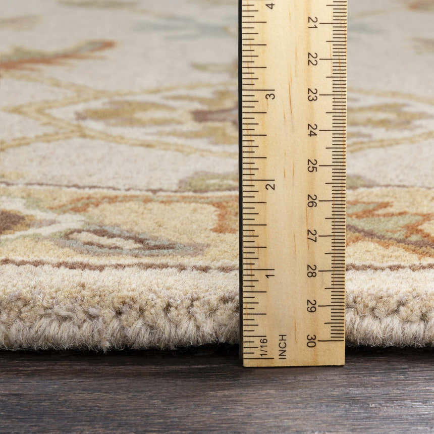 Close-up of the Postelle Wool Rug showing its texture and pile height with a ruler. Colors: tan, brown, and sage. Pile