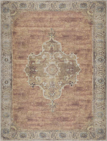 Close-up of the traditional Powhatan Washable Area Rug. Features camel, brown, and sage tones with an oriental-inspired design. Design-Rectangle