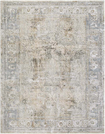 Close-up of the Pryce Sage Thick Luxe Area Rug featuring a traditional design with charcoal, cream, and light brown tones. Design-Rectangle-710103