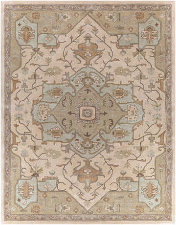 Detailed Broomfield Hand Tufted Sage Area Rug with beige, brown, and sage green oriental design. Design-Rectangle-7696