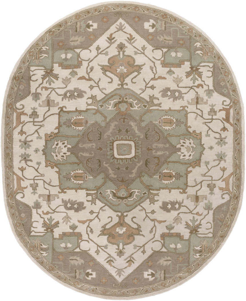 Close-up of the oval Broomfield Hand Tufted Sage 1143 Area Rug, showcasing beige, sage, and brown traditional design. Design-Oval-810