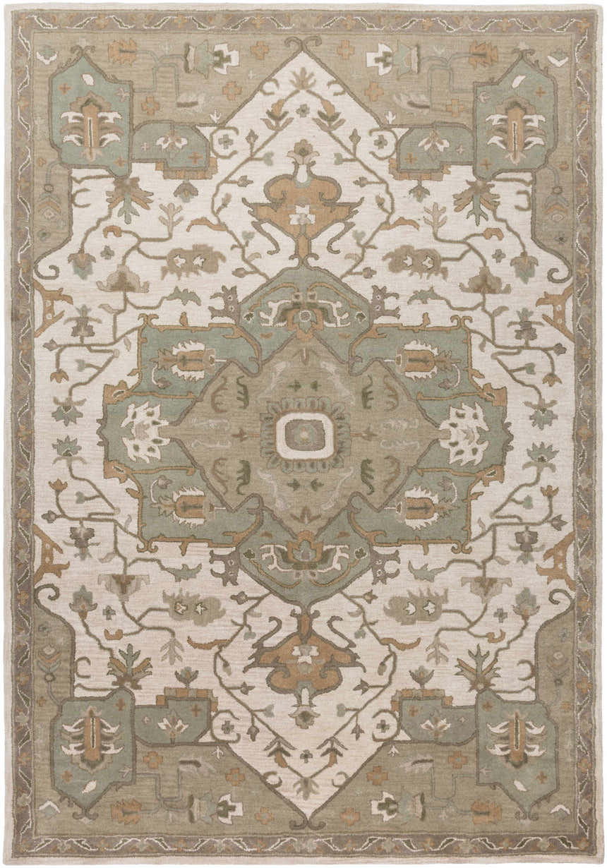 Detailed Broomfield Hand Tufted Sage 1143 Area Rug with beige, tan, brown, and sage green oriental-inspired floral pattern. Design-Rectangle-811