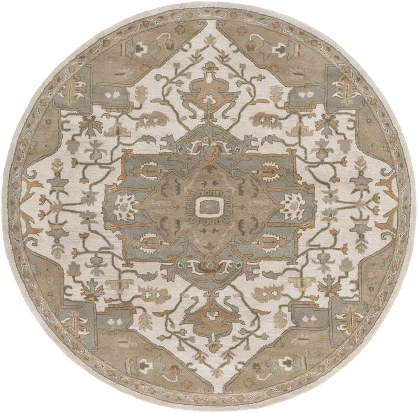 Detailed round Broomfield Hand Tufted Sage 1143 Area Rug with beige, tan, sage, and brown oriental-inspired pattern. Design-Round-8