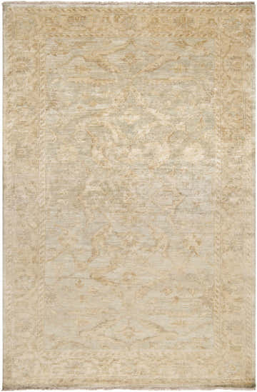 Close-up of the Perrysville Area Rug. Hand-knotted wool rug in beige, brown, and light seafoam with a traditional, bohemian pattern. Design-Rectangle-5686