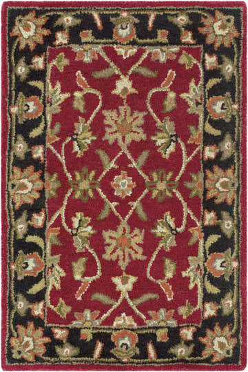 Detailed close-up of the Porthcawl Wool Area Rug. Features a brick red center with a black floral border and traditional Persian design. Design-Rectangle-23