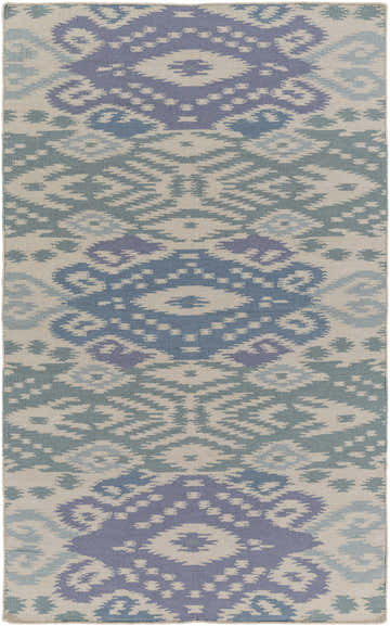 Close-up of the Prunedale Area Carpet. Hand-woven wool rug in blue, denim, gray, and sky blue with a contemporary geometric pattern. Design-Rectangle-576