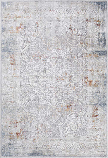 Close-up of the Petersburgh Textured Luxe Area Rug showcasing its traditional floral pattern in gray, cream, brick red, and denim. Design-Rectangle-6796