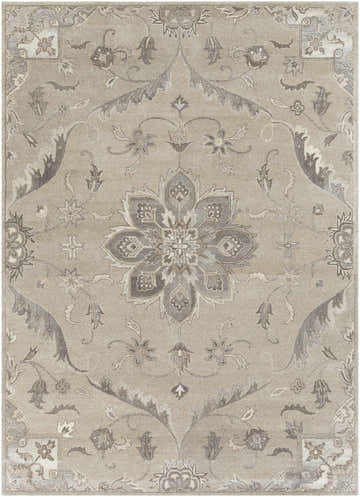 Close-up of the Peterstown Beige Wool Rug featuring a traditional floral pattern in beige, tan, and charcoal hues. Design-Rectangle-811