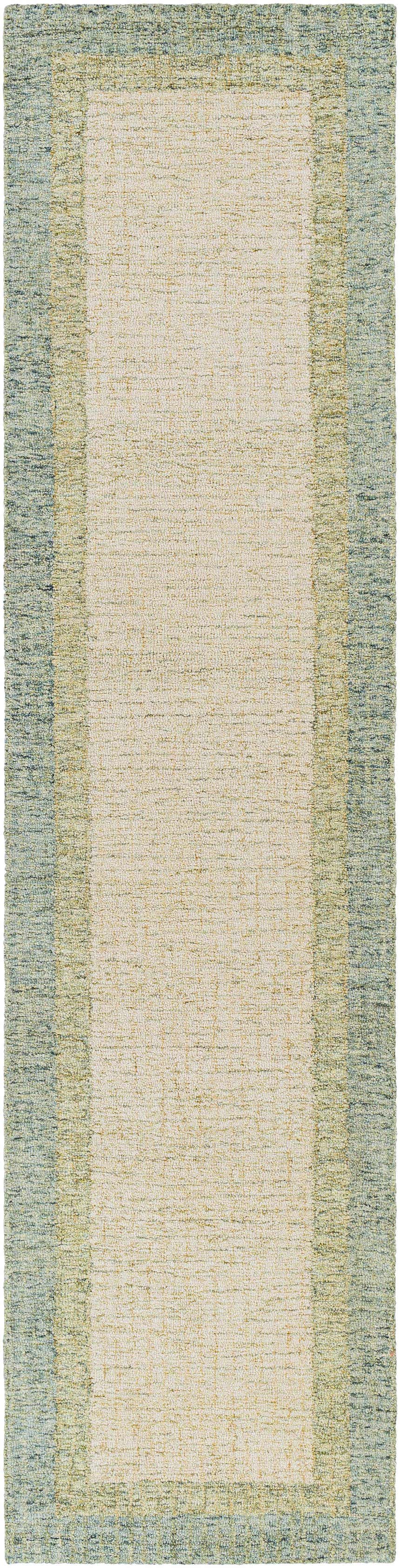 Hand tufted Pualas Area Rug in cream, dusty sage, and light beige. Wool rug with solid and striped contemporary design. Design-Runner-2610