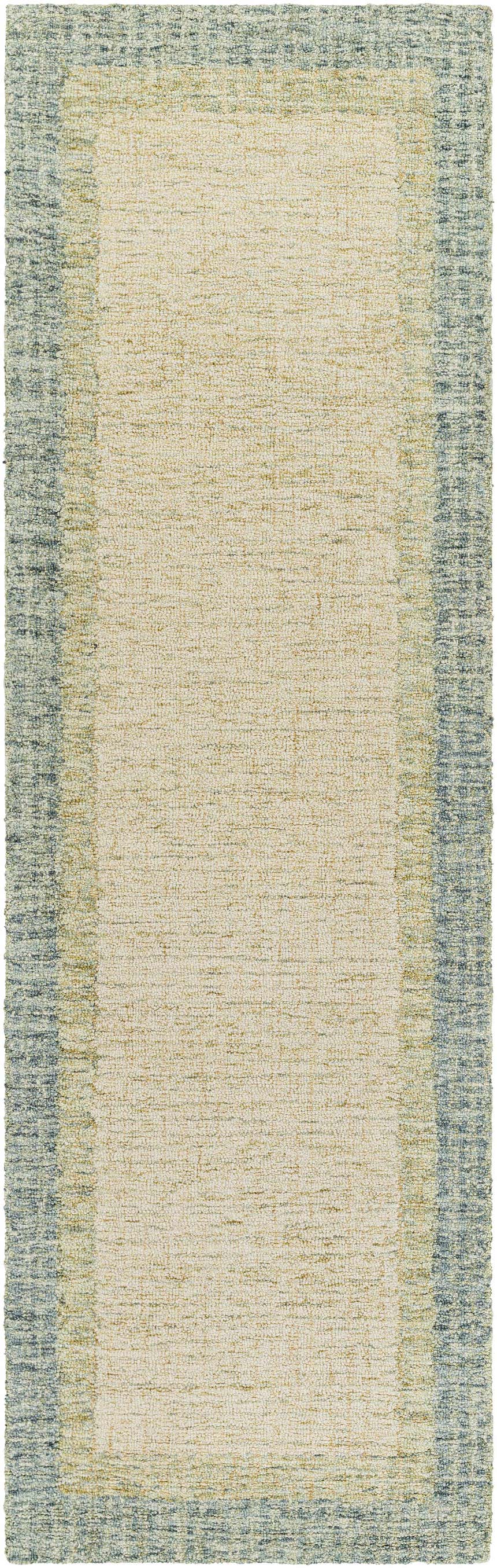 Close-up of the hand-tufted Pualas Area Rug. Cream center with dusty sage, light beige, and light olive striped border. 100% wool. Design-Runner-268