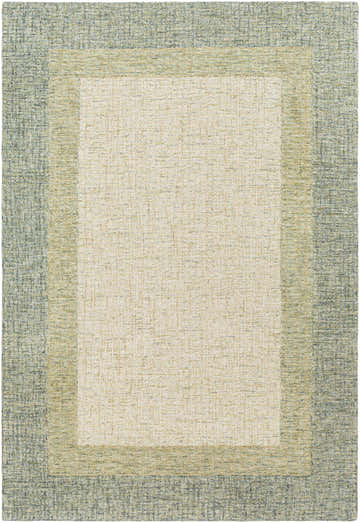 Close-up of the hand-tufted Pualas Area Rug. Cream, dusty sage, and light beige wool rug with a solid, striped contemporary design. Design-Rectangle-576
