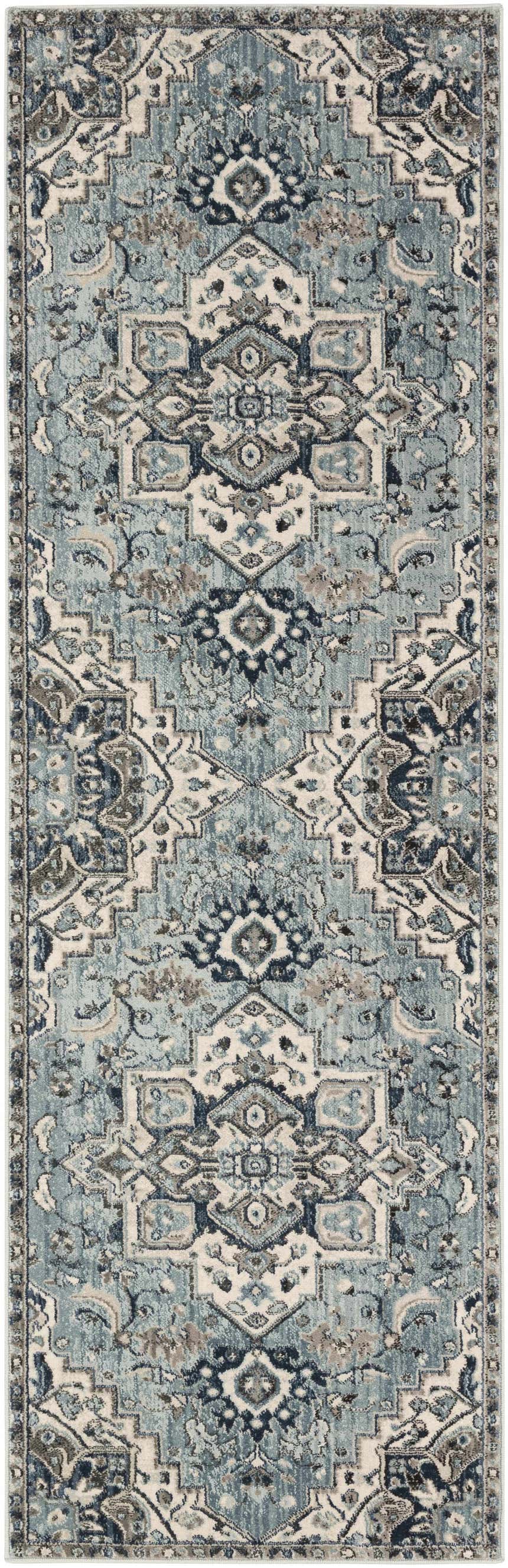 Close-up of the Pukwana Area Rug. Traditional oriental design in shades of blue, gray, and oatmeal. Machine woven texture. Design-Runner-26710