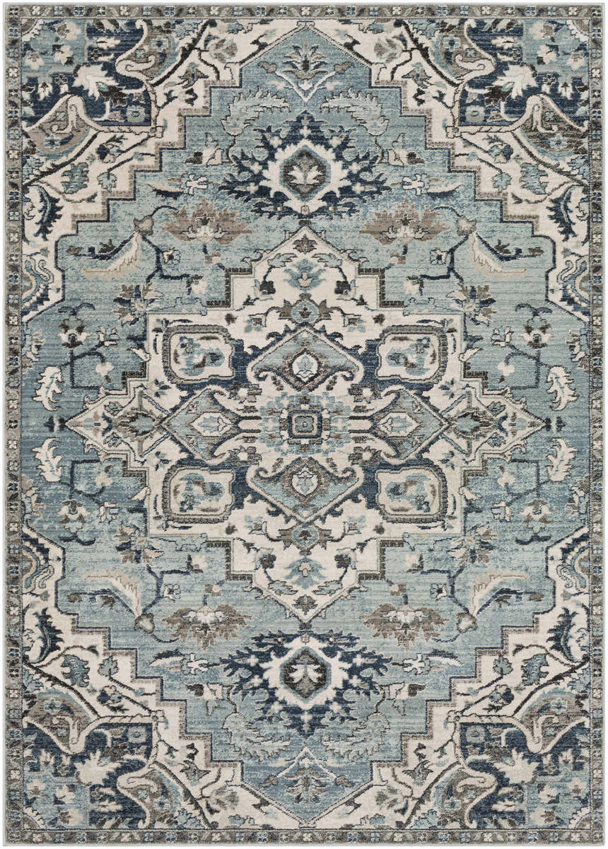 Detailed view of the Pukwana Area Rug, featuring a traditional blue, gray, and cream oriental pattern. Design-Rectangle-5174