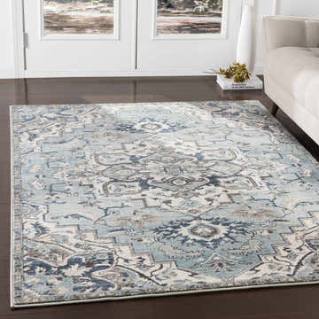 Living room scene with a blue Pukwana area rug, beige sofa, dark wood floors, and white doors. Roomscene-Rectangle