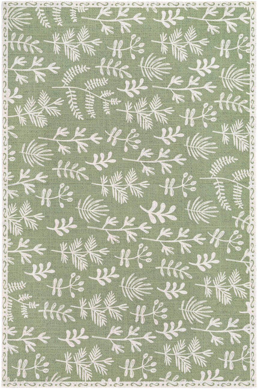 Close-up of the Pulteney Area Rug. Cream leaf pattern on an olive green vinyl rug. Contemporary style. Design-Rectangle-23