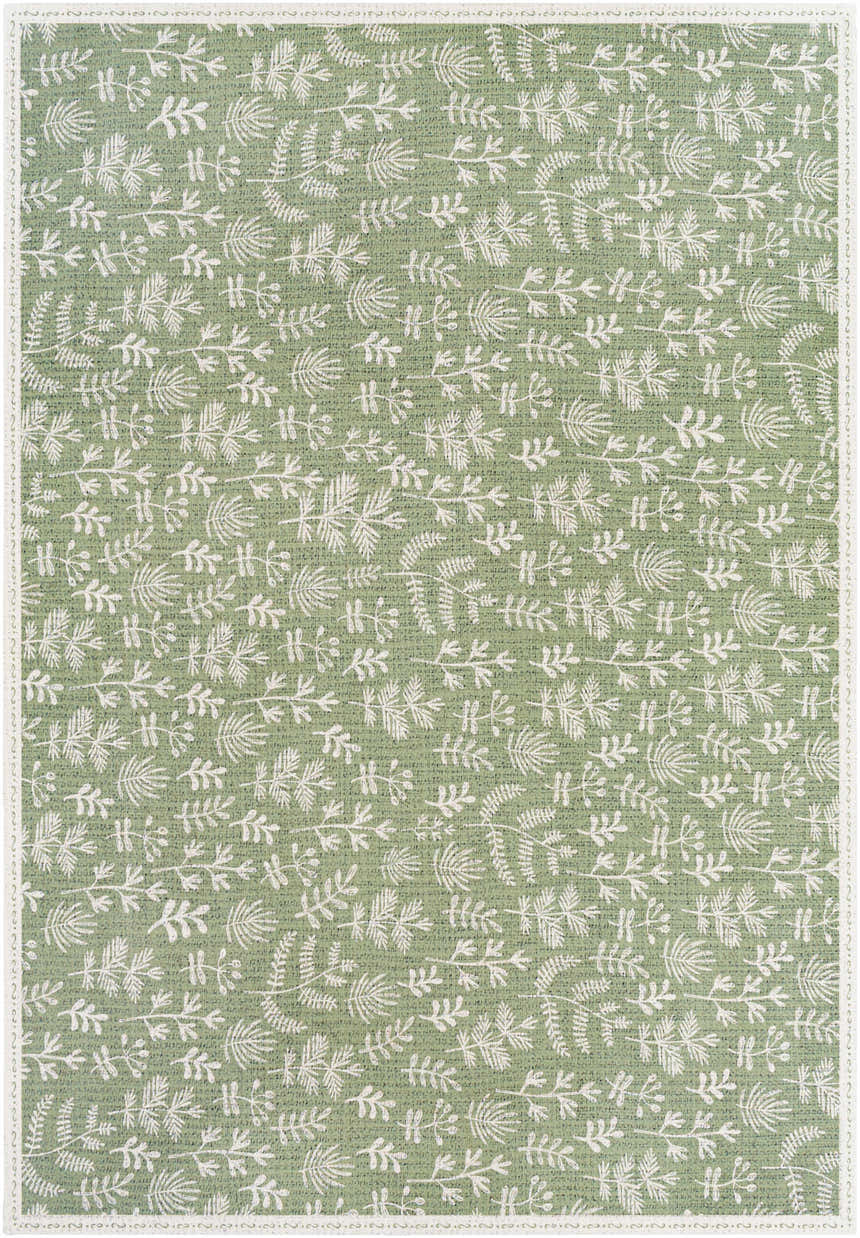Close-up of Pulteney Area Rug. Cream leaves on an olive green vinyl rug. Contemporary style. Design-Rectangle