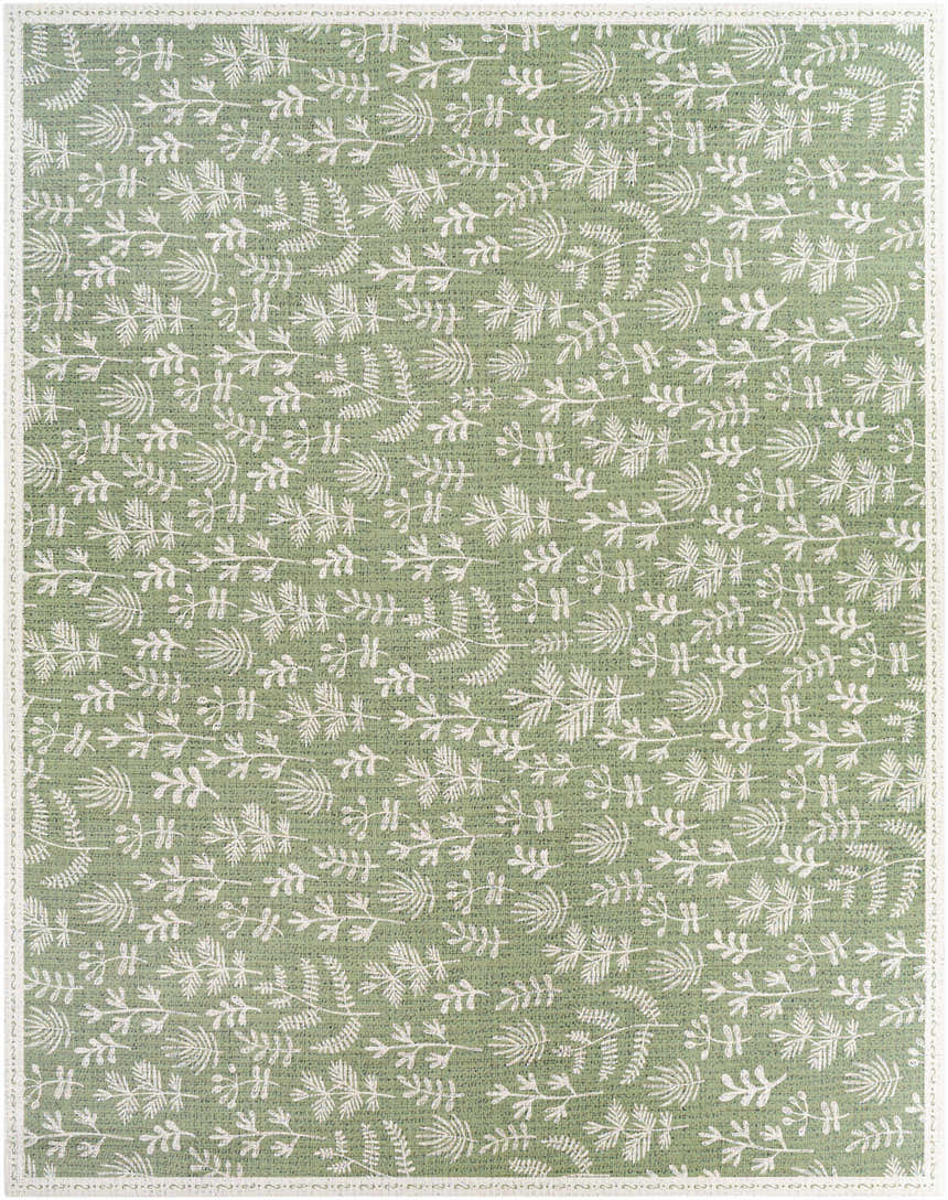 Close-up of the Pulteney Area Rug. Cream botanical pattern on an olive green vinyl rug. Machine woven. Design-Rectangle