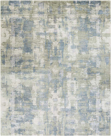 Close-up of the Pyle Area Rug. Hand-knotted wool rug with a contemporary abstract design in beige, blue, and sage tones. Design-Rectangle-810