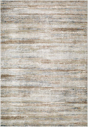 Close-up of the Agueda Thick Luxe Rug. Beige, light gray, olive, tan, and teal hues create a contemporary striped pattern. Design-Rectangle-6792