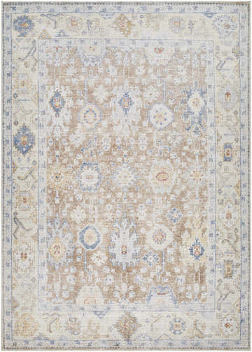 Detailed beige Widad Area Rug with denim, light gray, mustard, navy, and peach traditional pattern. Design-Rectangle
