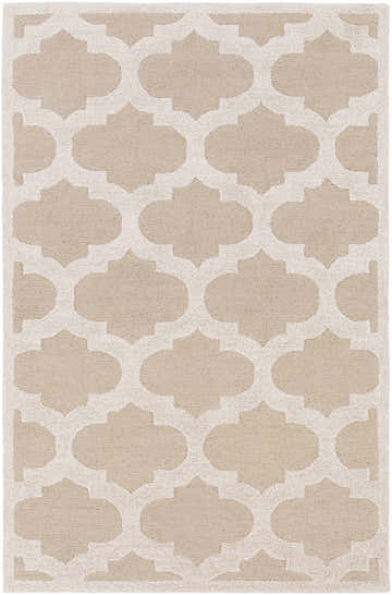 Hand tufted Quicksand Area Rug with a neutral quatrefoil pattern in beige and ivory. Wool rug. Design-Rectangle-576