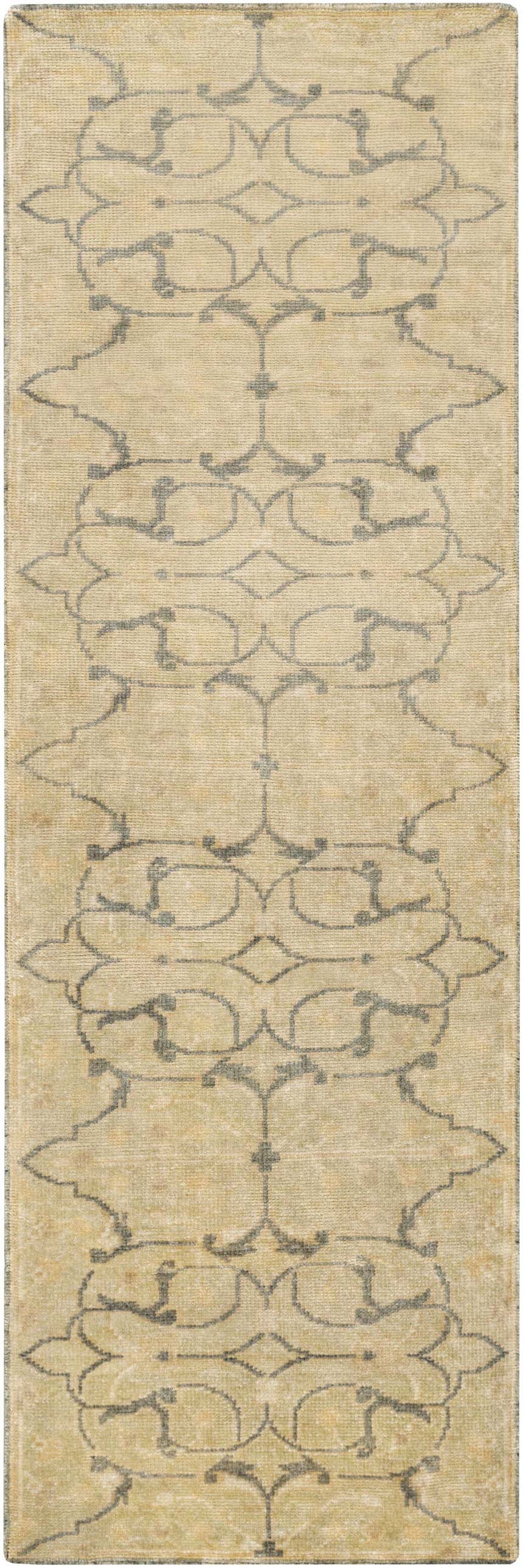 Close-up of the Raceland Area Carpet showcasing its beige and olive tones, traditional pattern, and hand-knotted wool texture. Design-Runner-268