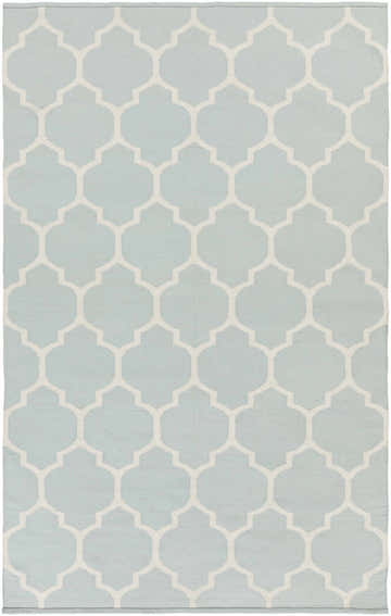 Close-up of Ragan Ice Blue Trellis Cotton Rug. Hand-woven rug with a cream trellis pattern on an ice blue background. Design-Rectangle-58