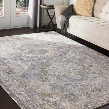 Living room scene with a Randalia Area Rug in gray, brown, and ivory tones under a cream sofa. Transitional style. Roomscene-Rectangle