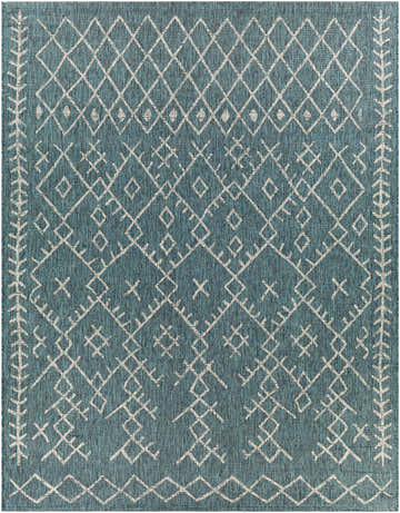Close-up of the Maunawili Aqua Nordic Rug. Aqua rug with a geometric diamond and tribal-inspired pattern in white and taupe. Design-Rectangle-710102