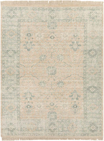 Close-up of the Robins Handmade Cotton-blend Rug. Features a traditional floral pattern in camel, ivory, and sage green. Design-Rectangle-810