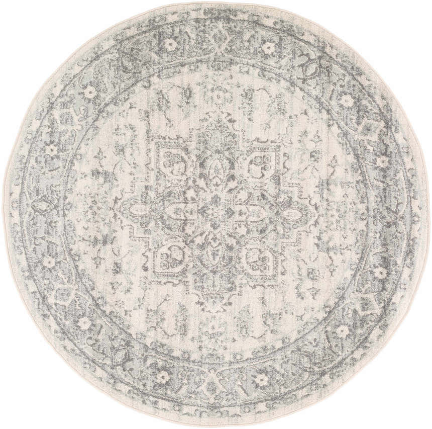 Round Rockfall Area Rug with a traditional gray and light beige oriental pattern. Design-Round-53