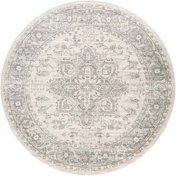 Close-up of a round Rockfall Area Rug. Charcoal, gray, and light beige traditional oriental pattern. Design-Round-710