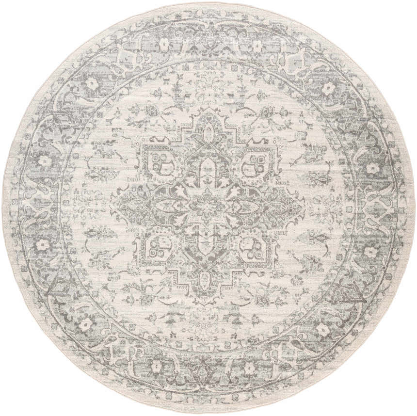 Close-up of a round Rockfall Area Rug. Charcoal, gray, and light beige traditional oriental pattern. Design-Round-710