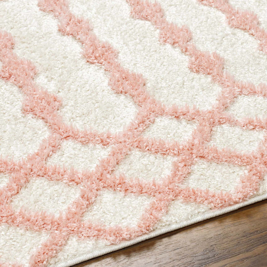 Close-up of the Darva Pink Plush Area Carpet featuring a plush, geometric pink pattern on a soft white shag background. Texture