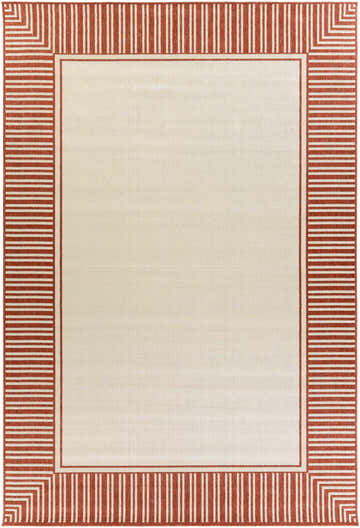 Close-up of Redby Area Rug: beige center with brick red striped border. Contemporary, farmhouse style. Olefin material. Design-Rectangle-76109