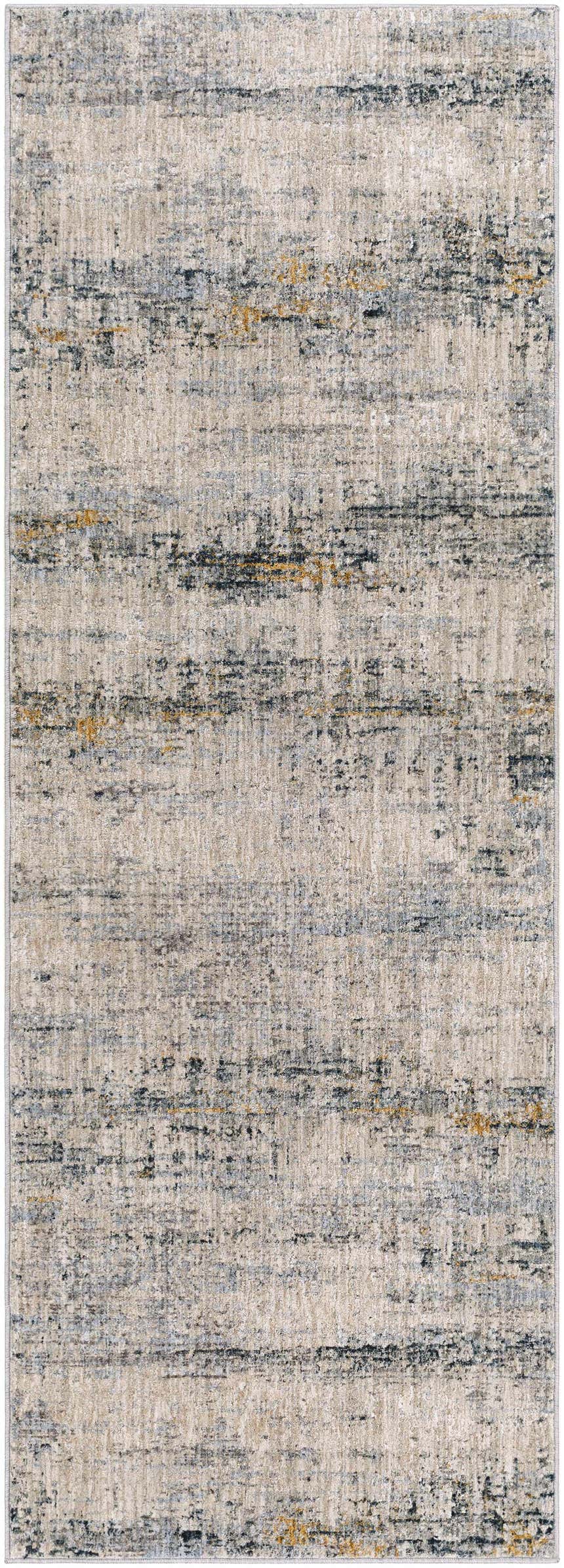 Close-up of the Rendlesham Luxe Rug. Contemporary design in cream, dusty sage, gray, and mustard tones. Machine woven texture. Design-Runner-2773