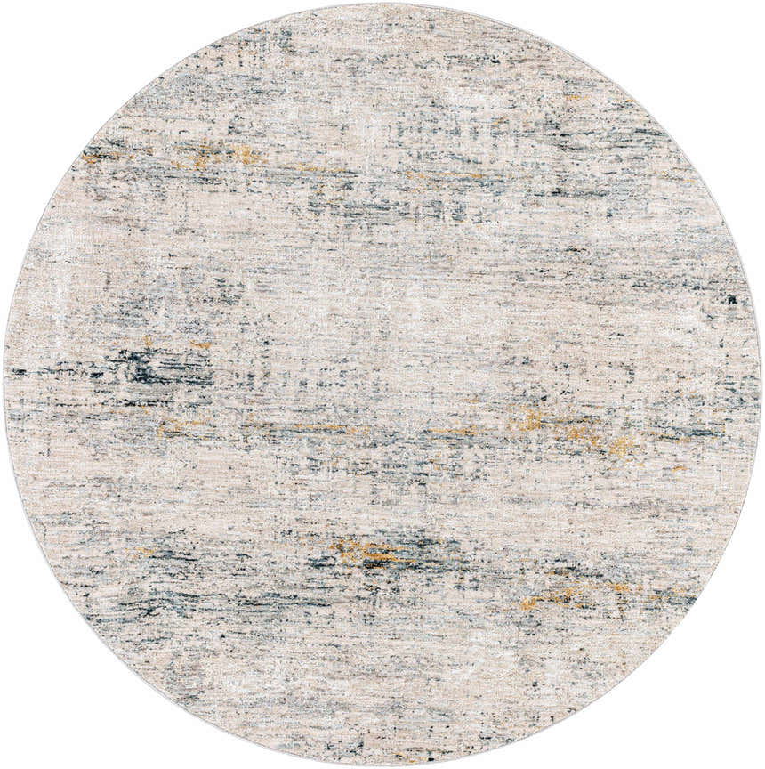 Close-up of round Rendlesham Luxe Rug - Clearance. Cream rug with abstract dusty sage, gray, and mustard accents. Design-Round-53
