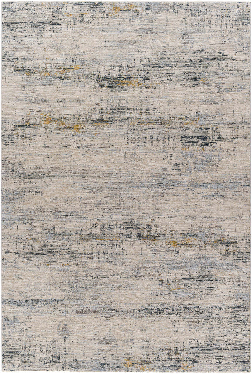 Close-up of Rendlesham Luxe Rug in cream, gray, and mustard. Contemporary design with distressed texture. Design-Rectangle-6796