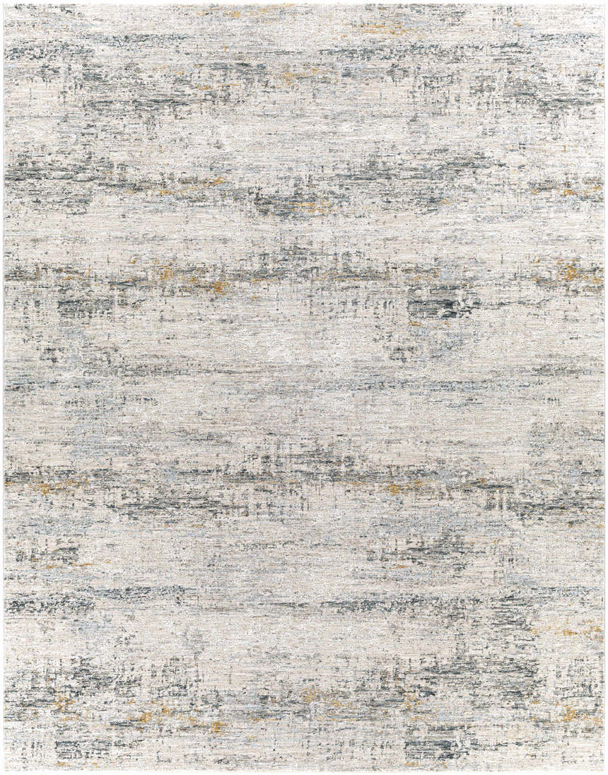 Close-up of the Rendlesham Luxe Rug, a contemporary rug in cream, gray, dusty sage, mustard, and teal with a textured, abstract pattern. Design-Rectangle-710103