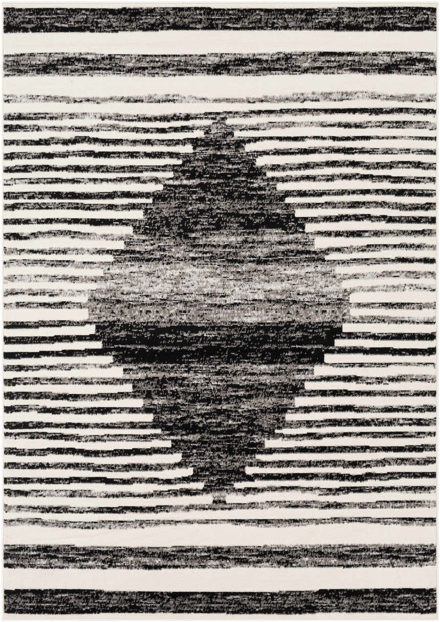 Close-up of Resolven Area Rug. Black, charcoal, and light gray stripes with a diamond pattern. Contemporary style. Design-Rectangle-57