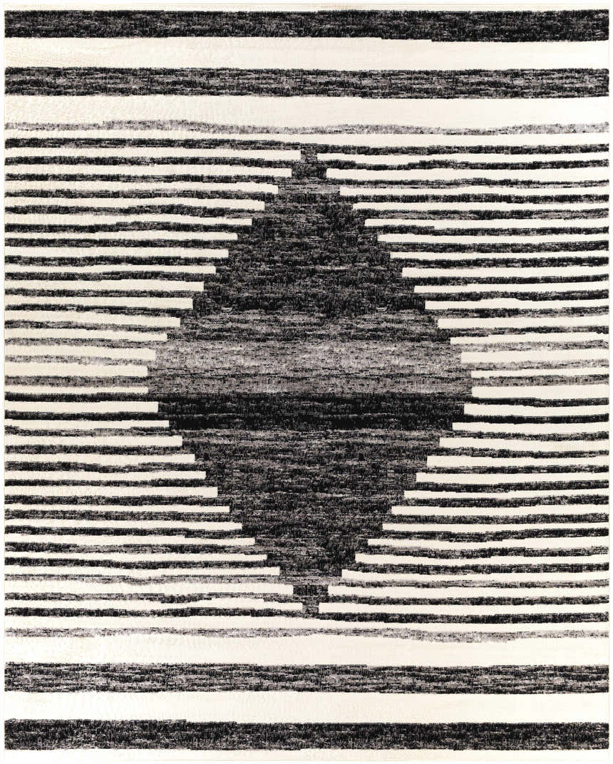 Close-up of the Resolven Area Rug. Black, charcoal, and off-white horizontal stripes with a diamond design. Contemporary style. Design-Rectangle-71010