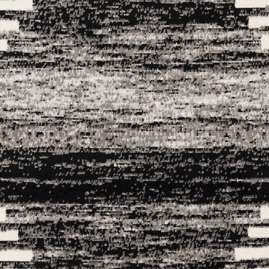 Close-up of the Resolven Area Rug showing its black, charcoal, gray, and off white contemporary design. Swatch