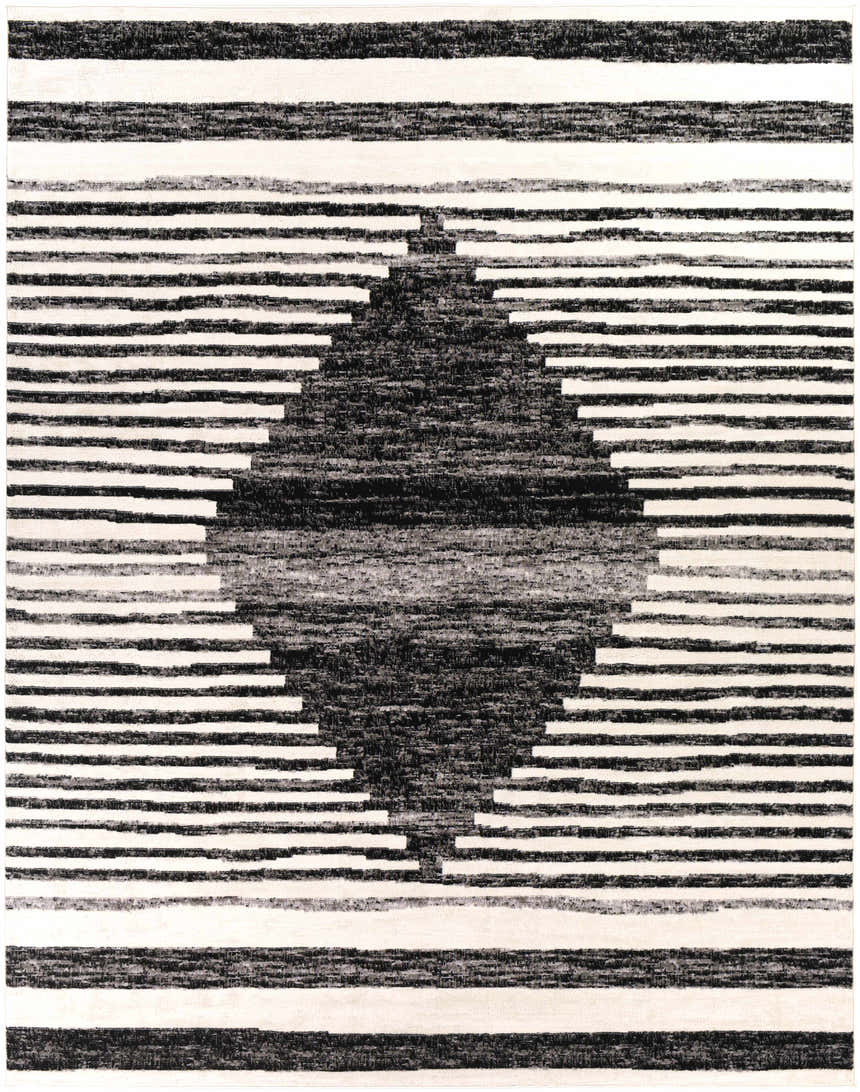 Close-up of Resolven Area Rug. Black, charcoal, and light gray stripes with a diamond pattern. Contemporary, Scandinavian style. Design-Rectangle-71010