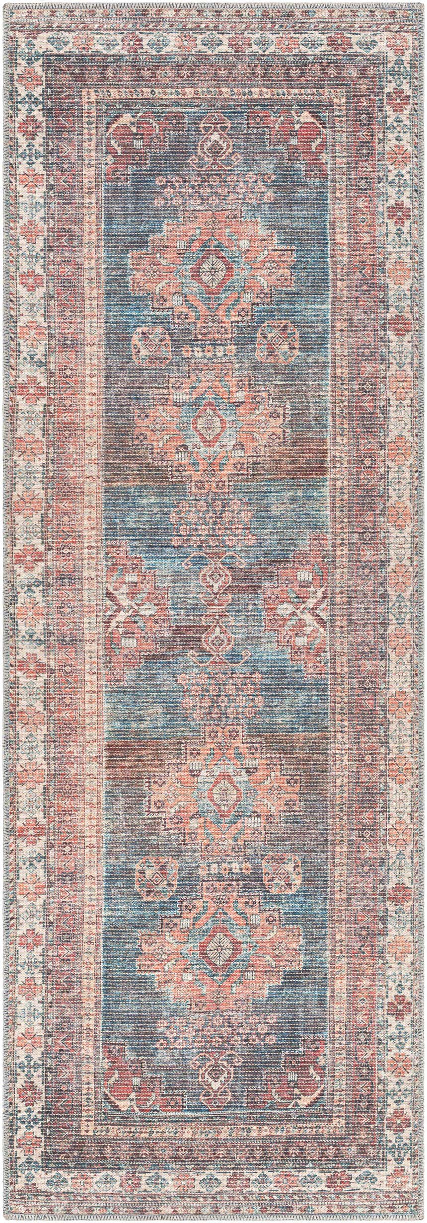 Close-up of the Baltinglass Rust & Blue Washable Area Rug, featuring a traditional oriental pattern with brick red and blue tones. Design-Runner-2710